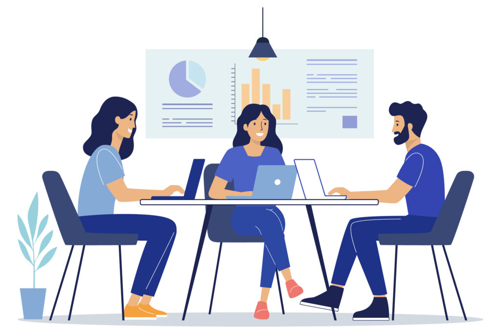 Group Of Coworkers Using Laptops During A Team Discussion With Graphs In The Background. Vector Art & Illustration