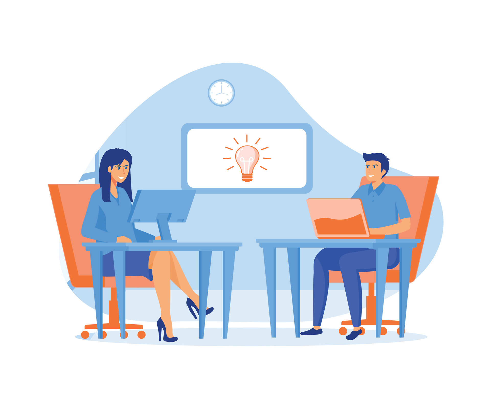 Online Assistant At Work. Manager At Remote Work, Searching For New Ideas Solutions, Working Together In The Company, Brainstorming. Flat Vector Modern Illustration